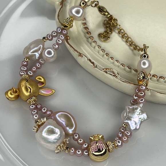 Handcrafted High Quality Freshwater Double Braided Pink White Pearls Bracelet 🐇 - Picture 2 of 5